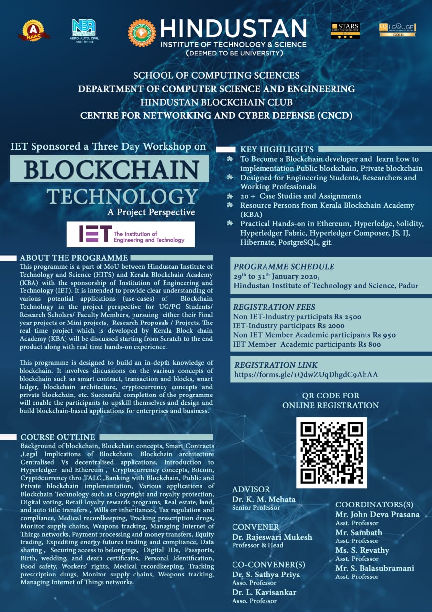 IET sponsored a Three Day workshop on Blockchain Technology: A Project Perspective